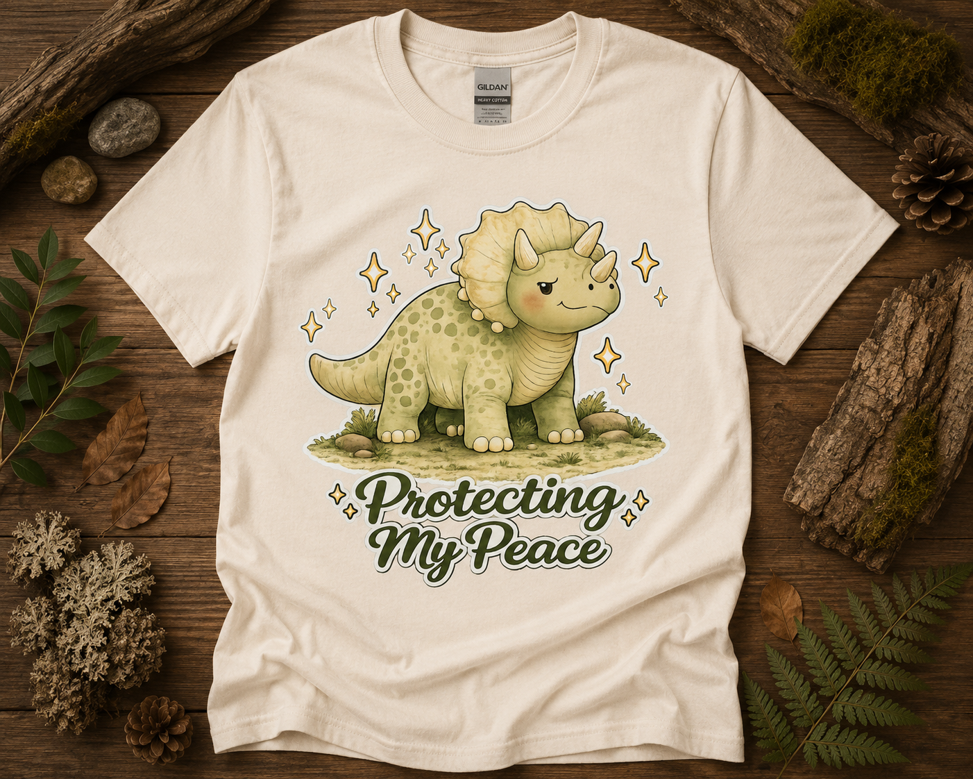 Protecting My Peace cute dinosaur graphic on natural Gildan 5000 unisex t shirt featuring peaceful woodland triceratops artwork