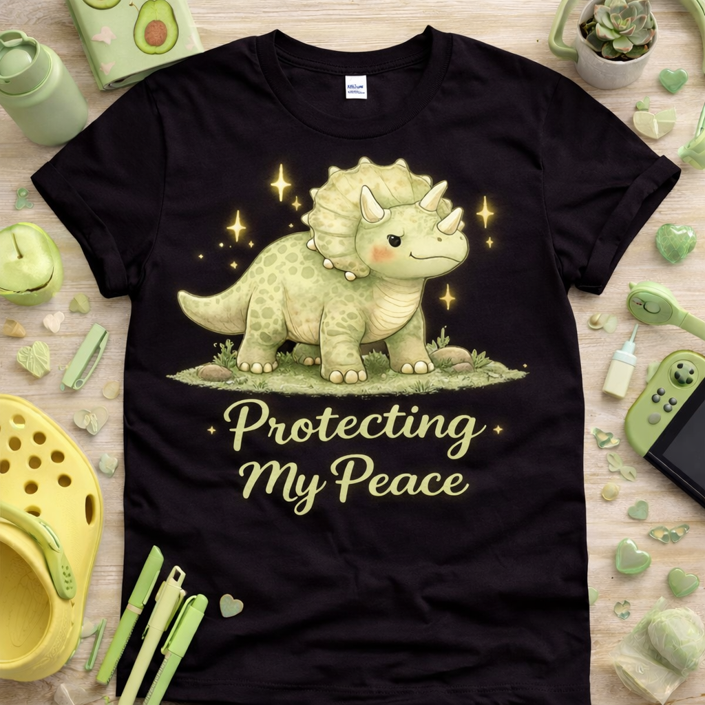 Adorable triceratops graphic tee with Protecting My Peace phrase on black shirt flatlay with green themed props self care aesthetic outfit