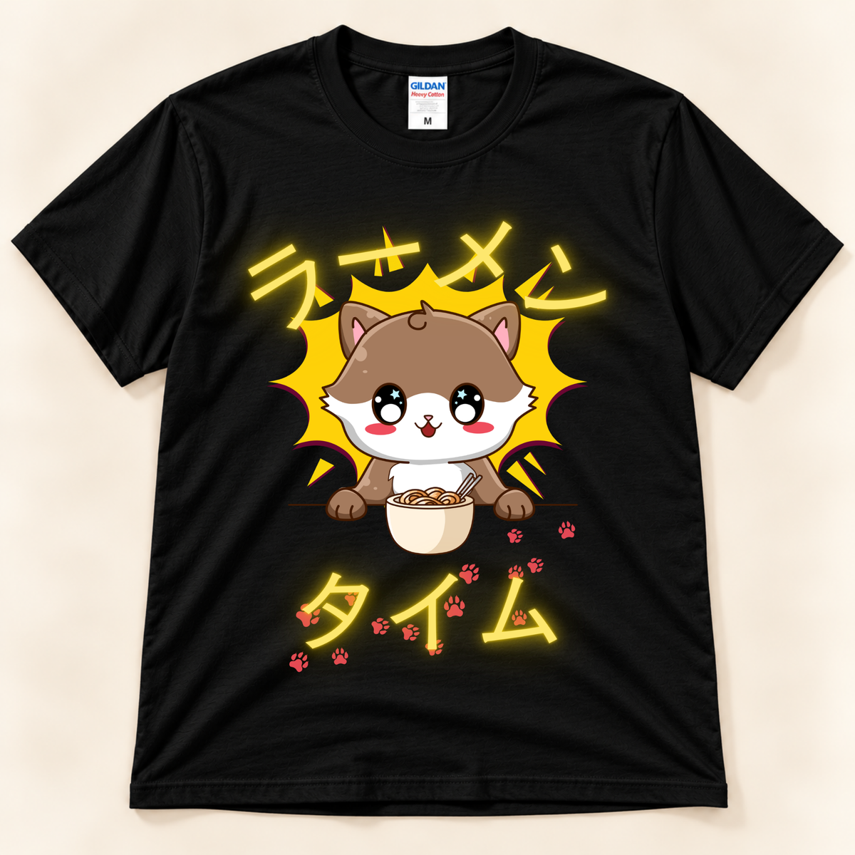 Black Gildan 5000 kawaii ramen shirt with a cute brown cat, noodle bowl, paw prints and Japanese Ramen Time design.