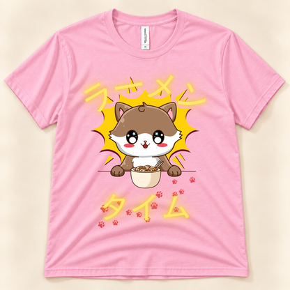Pink Bella Canvas 3001 kawaii cat ramen shirt featuring a cute brown cat eating noodles with Japanese Ramen Time artwork.