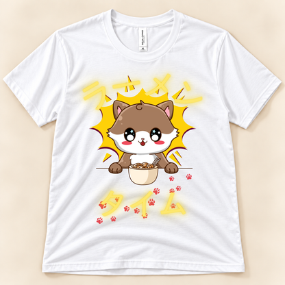 White Bella Canvas 3001 cat ramen graphic tee featuring a kawaii brown cat eating noodles with Japanese Ramen Time artwork.