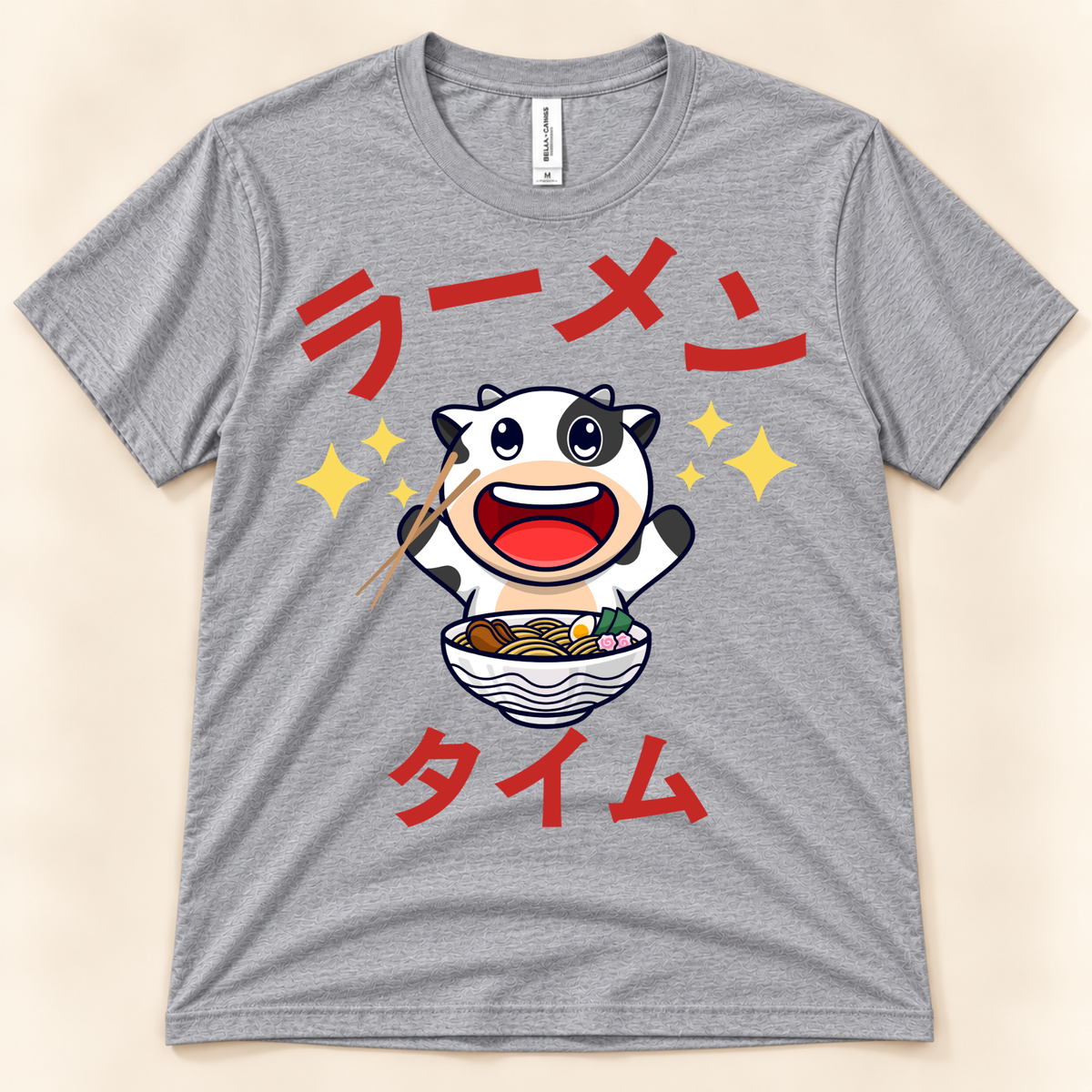 Ramen Time Cow Tee on athletic heather Bella Canvas with cute cow and ramen bowl