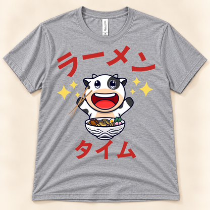Ramen Time Cow Tee on athletic heather Bella Canvas with cute cow and ramen bowl