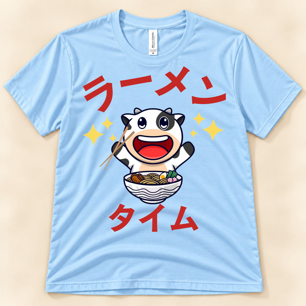 Ramen Time Cow Tee on baby blue Bella Canvas with cute cow and Japanese ramen text