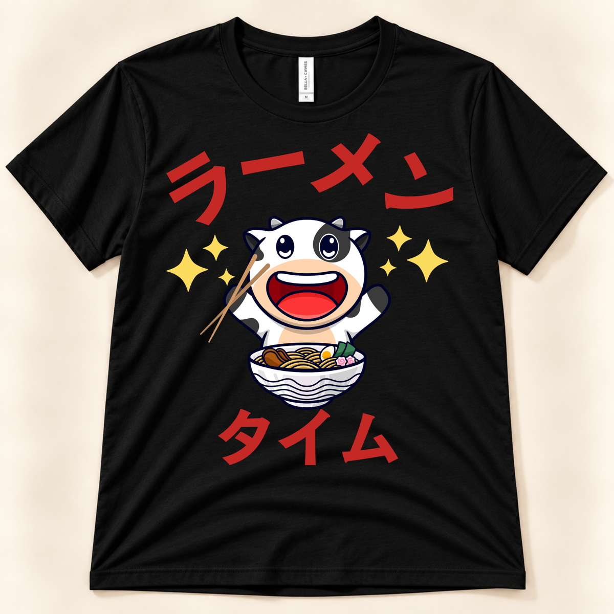 Ramen Time Cow Tee on black Bella Canvas with cute cow and Japanese ramen text