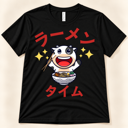 Ramen Time Cow Tee on black Bella Canvas with cute cow and Japanese ramen text