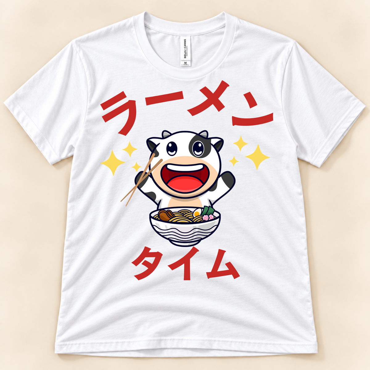 Ramen Time Cow Tee on white Bella Canvas with cute cow and Japanese ramen text
