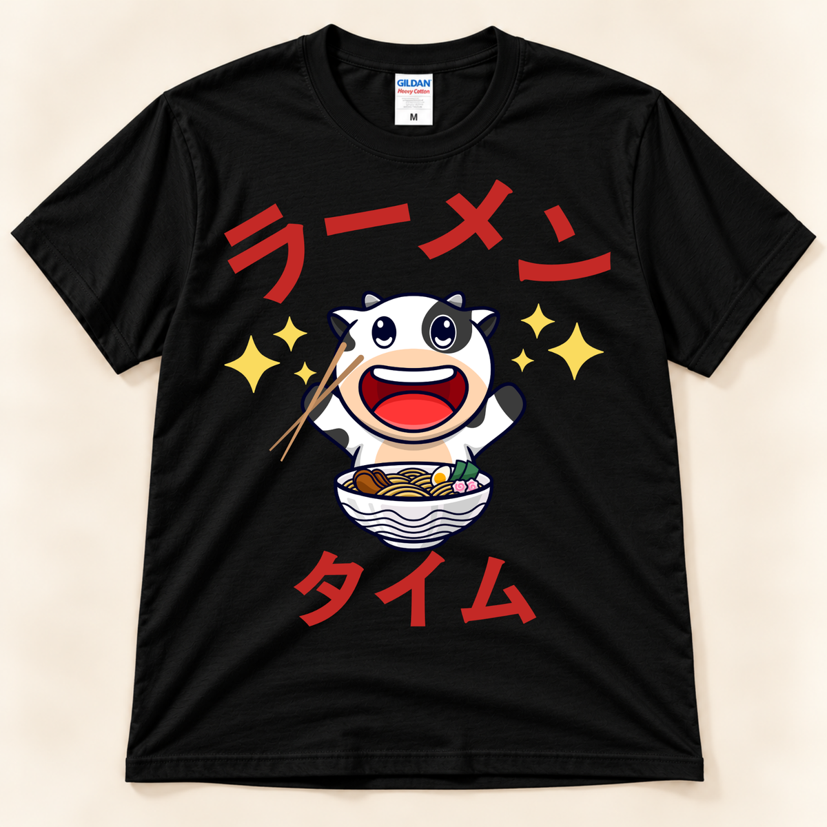 Ramen Time Cow Tee on black Gildan with cute cow, ramen bowl and Japanese text
