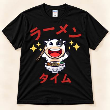 Ramen Time Cow Tee on black Gildan with cute cow, ramen bowl and Japanese text