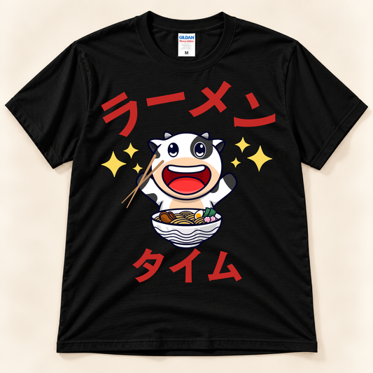 Ramen Time Cow Tee on black Gildan with cute cow, ramen bowl and Japanese text