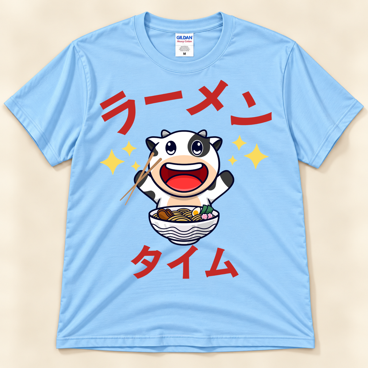 Ramen Time Cow Tee on light blue Gildan with cute cow and Japanese ramen text