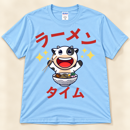 Ramen Time Cow Tee on light blue Gildan with cute cow and Japanese ramen text