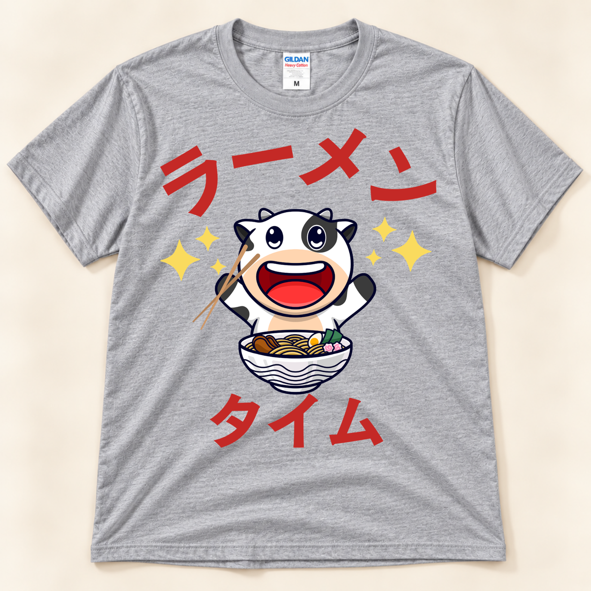 Ramen Time Cow Tee on sport gray Gildan with cute cow and Japanese ramen text