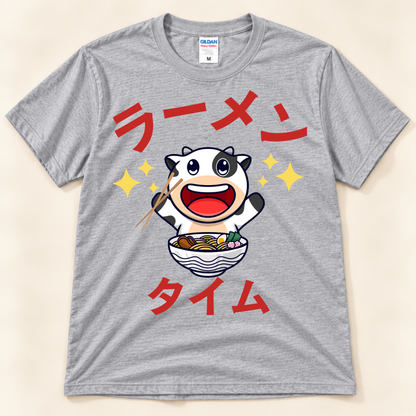 Ramen Time Cow Tee on sport gray Gildan with cute cow and Japanese ramen text
