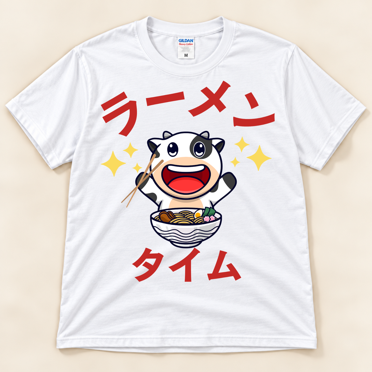 Ramen Time Cow Tee on white Gildan with cute cow, ramen bowl and Japanese text