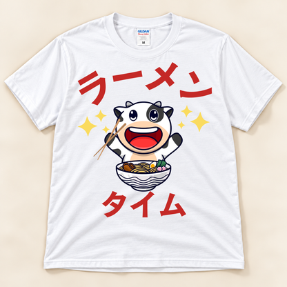 Ramen Time Cow Tee on white Gildan with cute cow, ramen bowl and Japanese text