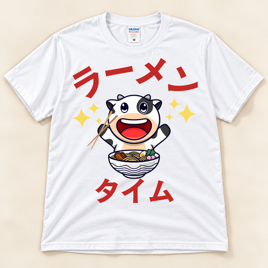 Ramen Time Cow Tee on white Gildan with cute cow, ramen bowl and Japanese text