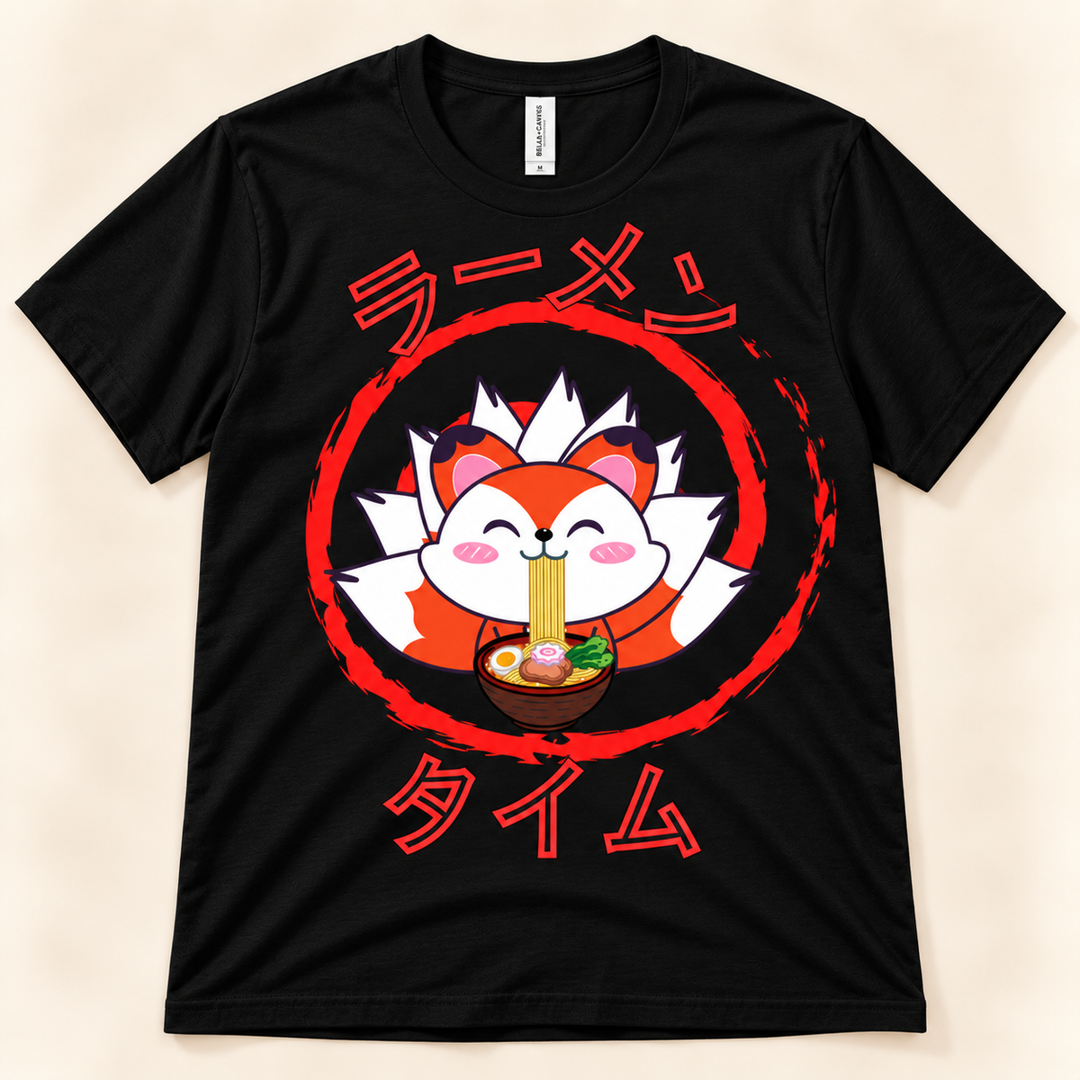 Black soft graphic tee with a kawaii fox eating ramen and Japanese Ramen Time artwork.