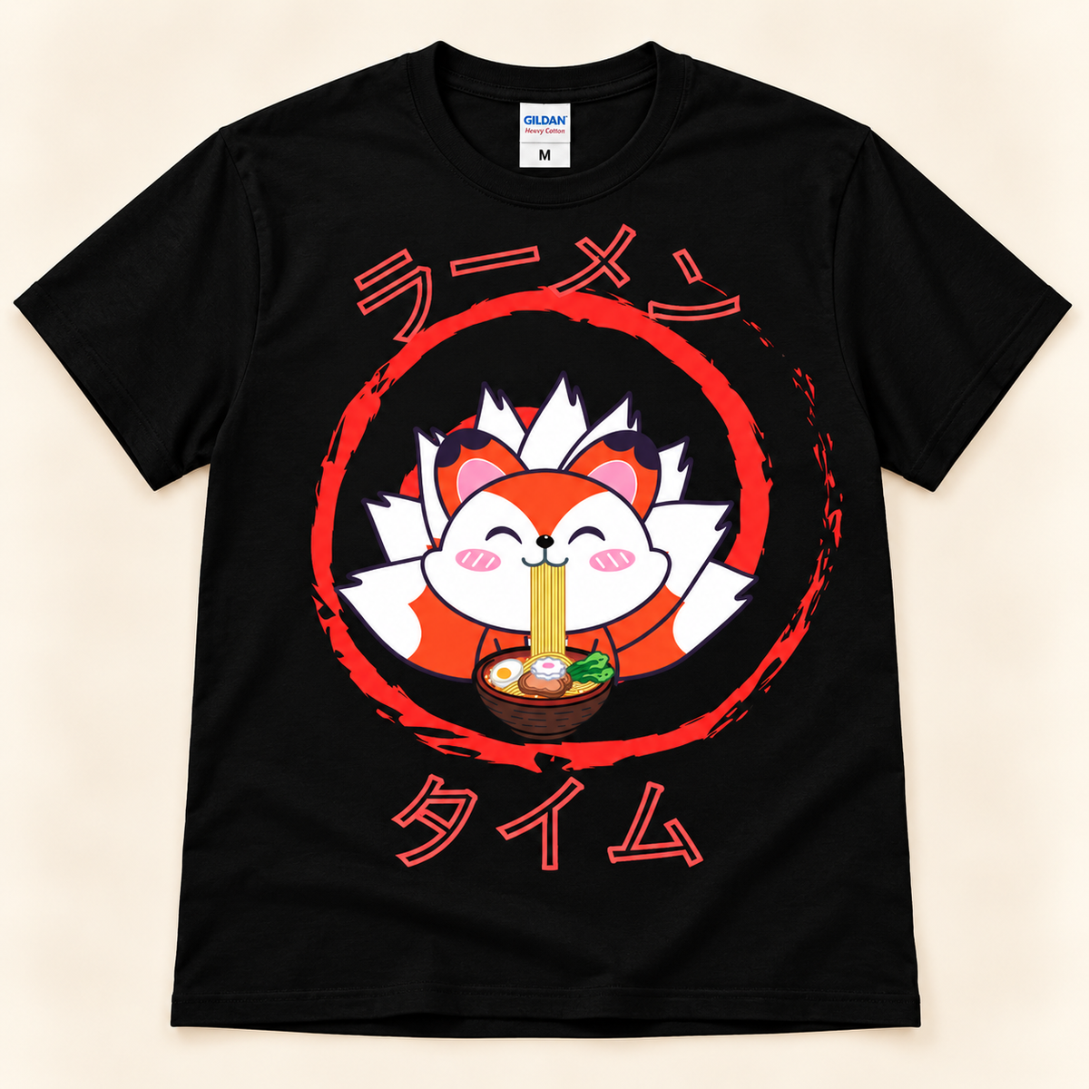 Black graphic tee with a cute kawaii fox eating ramen and Japanese Ramen Time lettering.