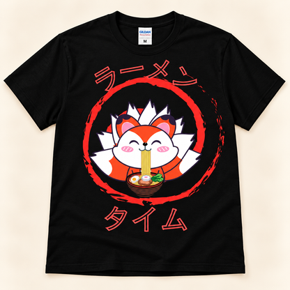 Black graphic tee with a cute kawaii fox eating ramen and Japanese Ramen Time lettering.