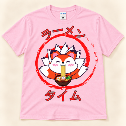 Light Pink graphic tee featuring a kawaii fox eating ramen with Japanese Ramen Time lettering.