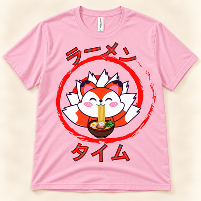 Pink soft graphic tee featuring a cute kawaii fox eating ramen with Japanese Ramen Time artwork.