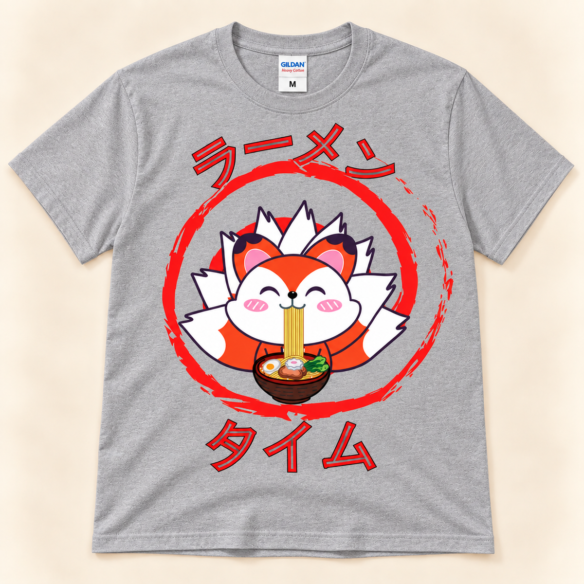 Sport Gray graphic tee with a cute fox eating ramen and Japanese Ramen Time design.