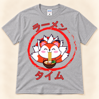 Sport Gray graphic tee with a cute fox eating ramen and Japanese Ramen Time design.