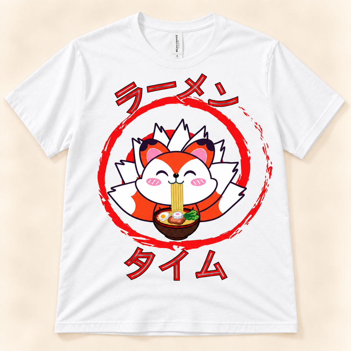 White soft graphic tee featuring a cute fox eating ramen with Japanese Ramen Time lettering.