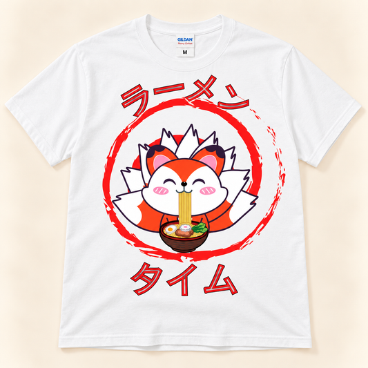 White graphic tee featuring a kawaii fox eating noodles with colorful Japanese Ramen Time artwork.