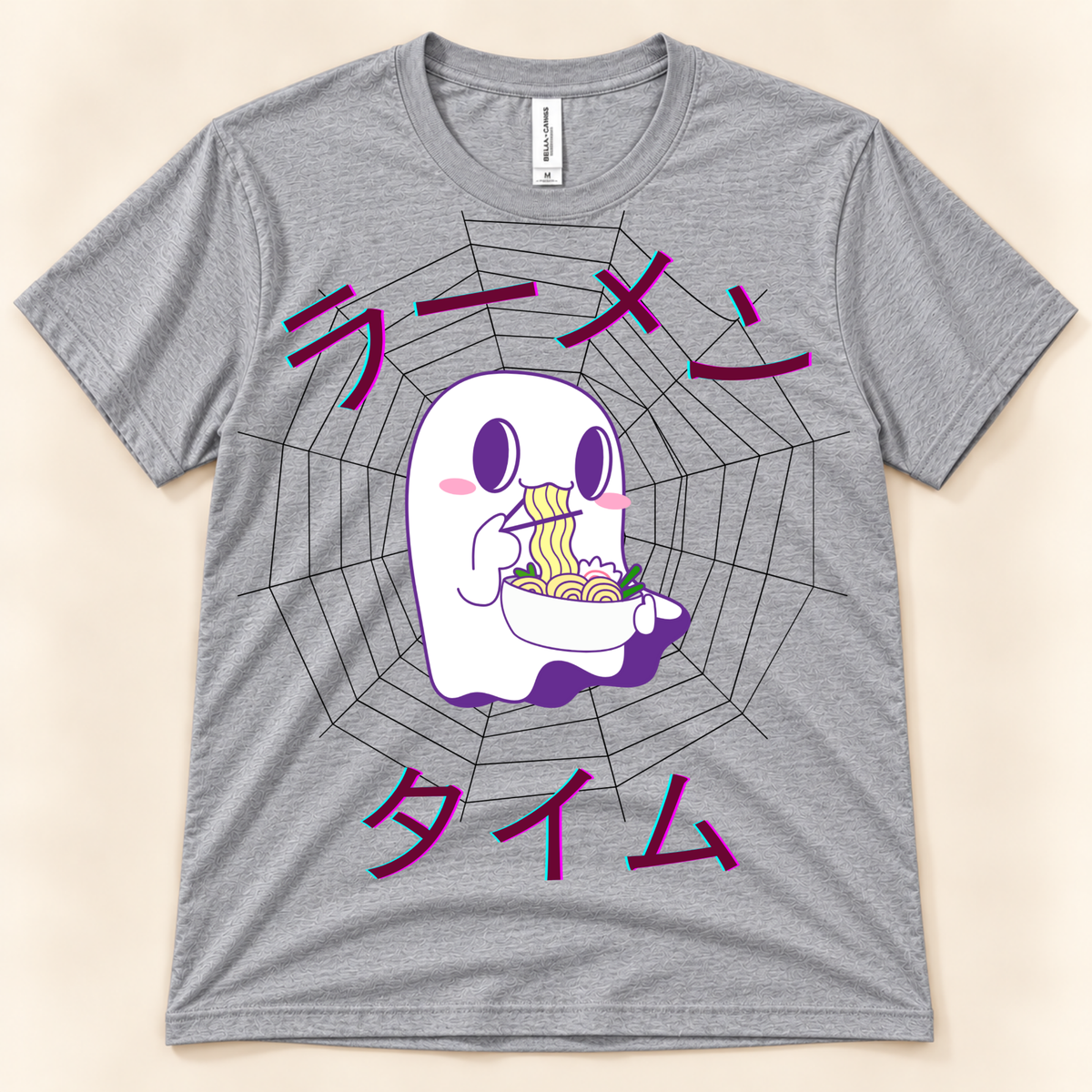 Athletic Heather Bella Canvas 3001 kawaii ghost ramen shirt with noodles, spiderweb and Japanese Ramen Time artwork.