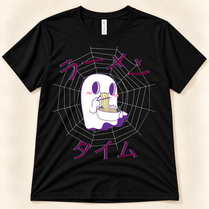 Black Bella Canvas 3001 kawaii ramen shirt with a cute ghost eating noodles, spiderweb and Japanese Ramen Time design.
