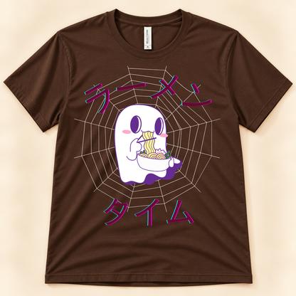 Brown Bella Canvas 3001 ghost ramen graphic tee featuring a kawaii ghost eating noodles with Japanese Ramen Time artwork.