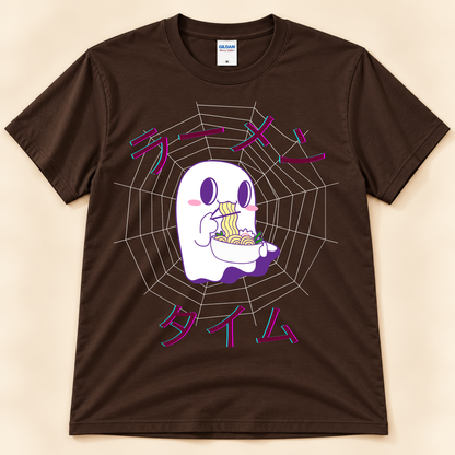 Dark Chocolate Gildan 5000 ghost ramen graphic tee featuring a kawaii ghost eating noodles with Japanese Ramen Time artwork.