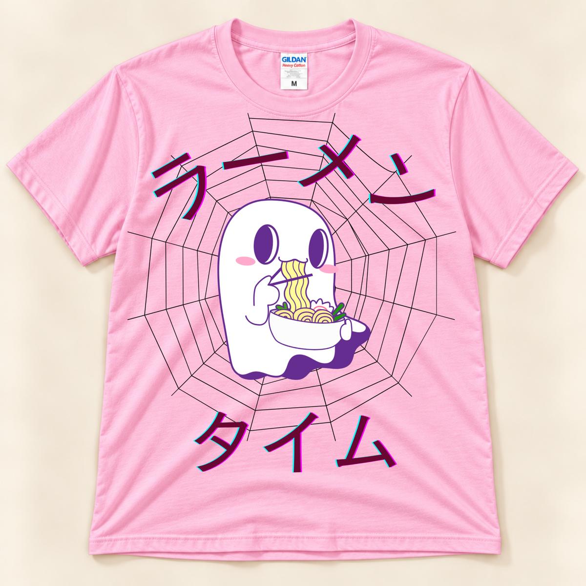 Light Pink Gildan 5000 kawaii ramen tee with a cute ghost, noodle bowl, spiderweb and Japanese Ramen Time design.