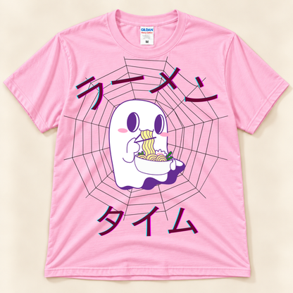 Light Pink Gildan 5000 kawaii ramen tee with a cute ghost, noodle bowl, spiderweb and Japanese Ramen Time design.
