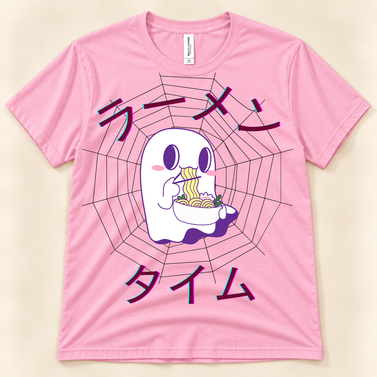 Pink Bella Canvas 3001 kawaii ramen tee with a cute ghost, noodle bowl, spiderweb and Japanese Ramen Time design.
