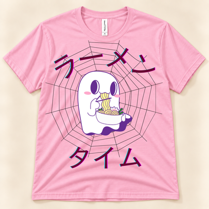 Pink Bella Canvas 3001 kawaii ramen tee with a cute ghost, noodle bowl, spiderweb and Japanese Ramen Time design.