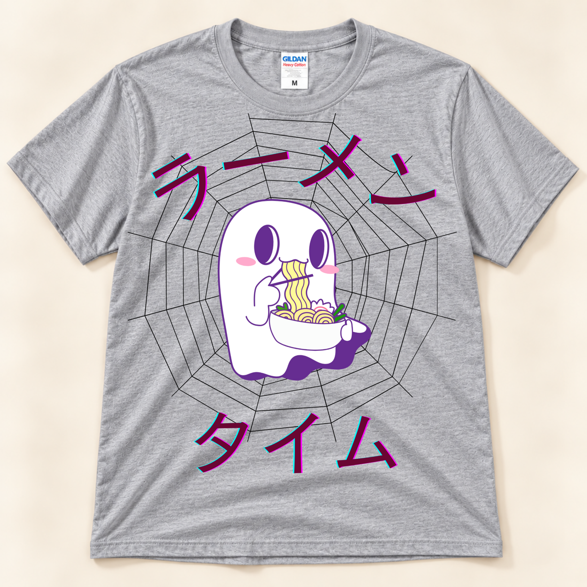 Sport Gray Gildan 5000 kawaii ghost ramen shirt featuring a cute ghost eating noodles with Japanese Ramen Time artwork.