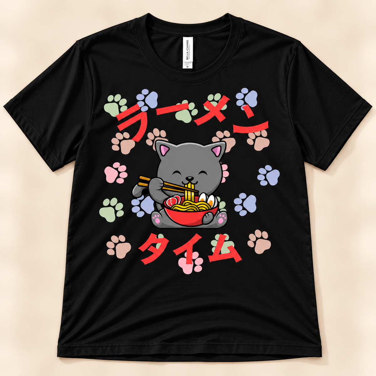 Ramen Time gray cat tee in black with cute kawaii cat eating ramen and Japanese text