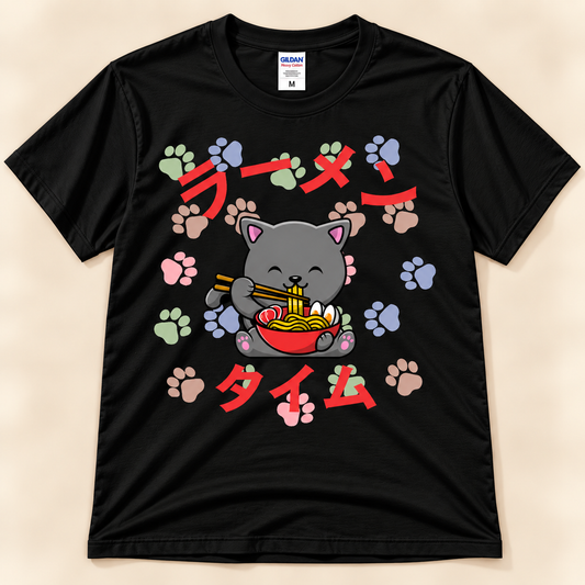 Ramen Time gray cat tee in black with cute kawaii cat eating noodles and colorful paw prints