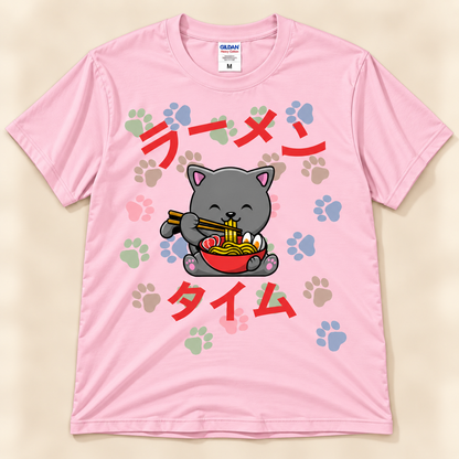 Ramen Time gray cat tee in light pink with kawaii ramen cat and colorful paw print graphic