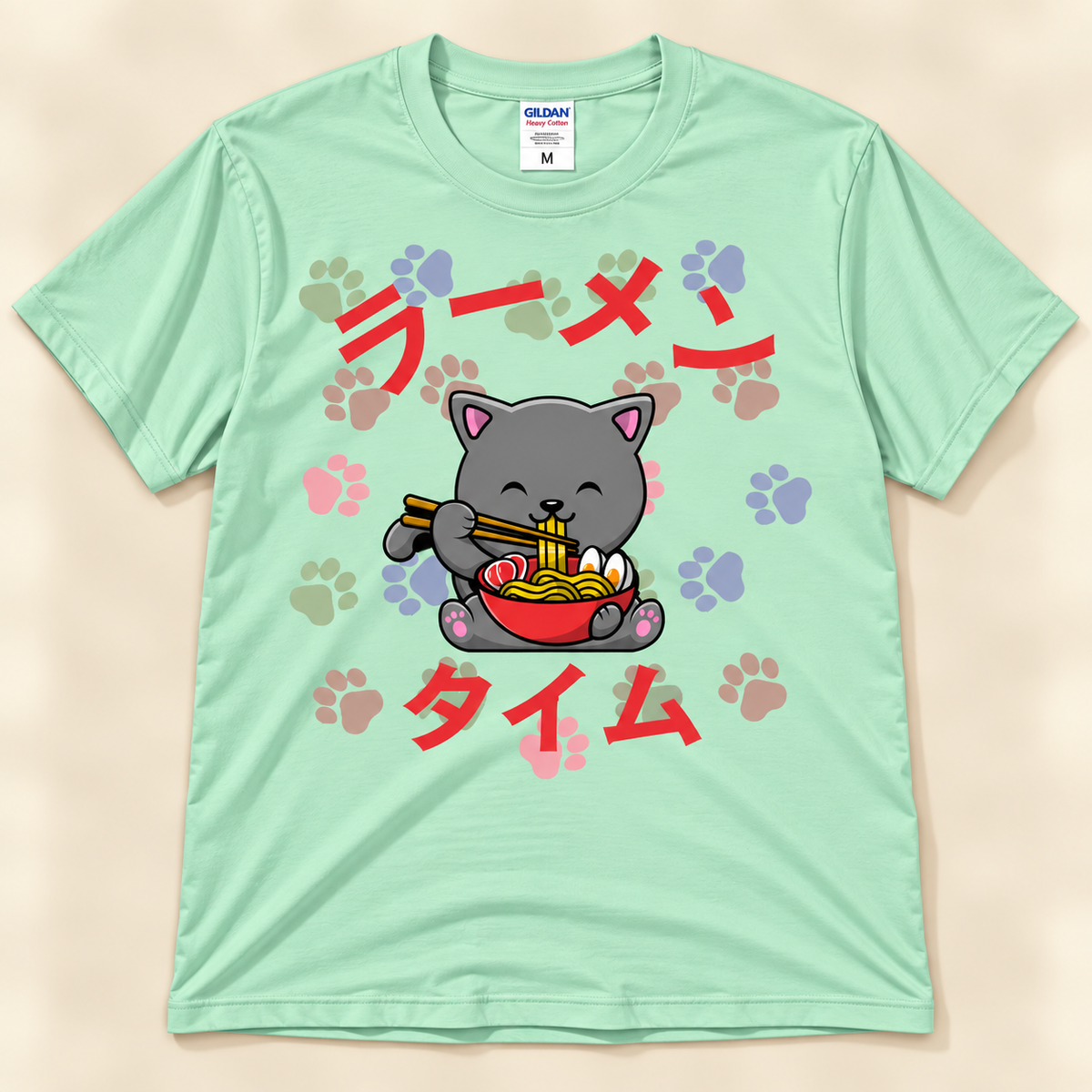 Ramen Time gray cat tee in mint green with cute cat eating ramen and colorful paw prints