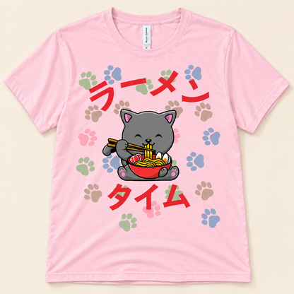 Ramen Time gray cat tee in pink with cute gray ramen cat and colorful kawaii paw prints