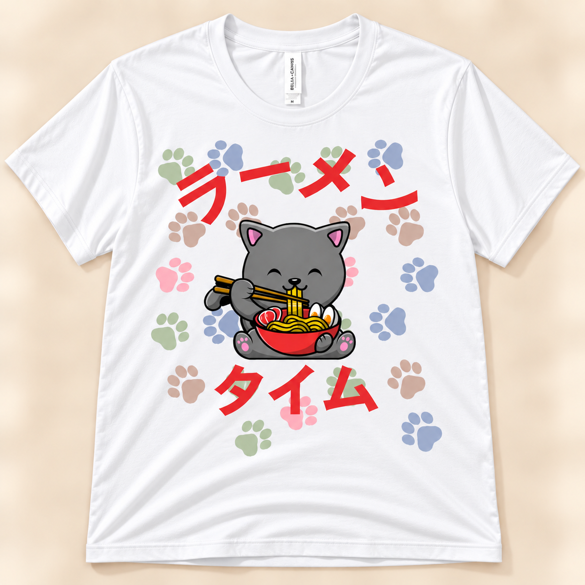 Ramen Time gray cat tee in white with cute gray cat eating ramen and colorful paw prints
