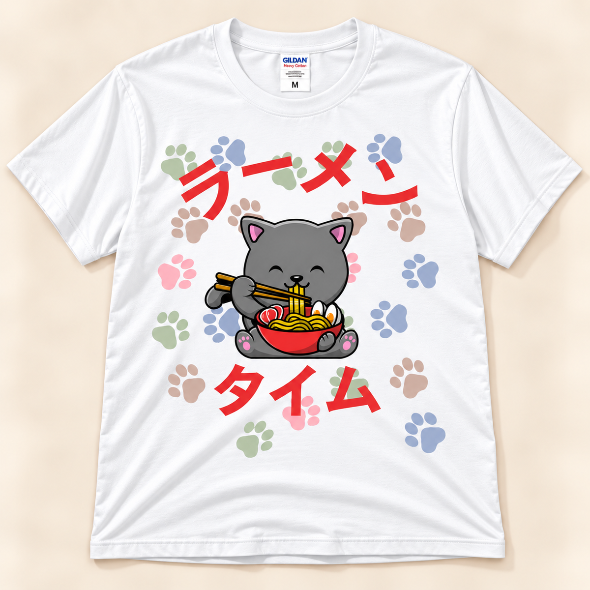 Ramen Time gray cat tee in white with kawaii cat eating ramen and colorful paw print design