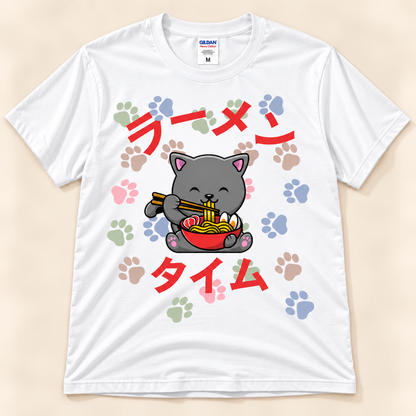 Ramen Time gray cat tee in white with kawaii cat eating ramen and colorful paw print design