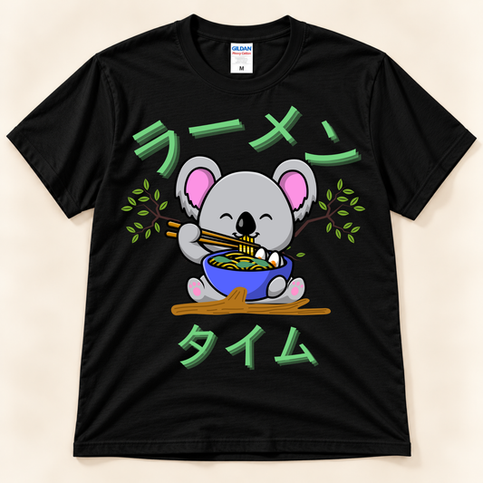 Black Gildan 5000 kawaii ramen shirt with a cute koala eating noodles, leafy branches and Japanese Ramen Time design.