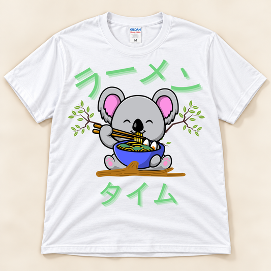 White Gildan 5000 koala ramen graphic tee featuring a cute koala eating noodles with Japanese Ramen Time artwork.