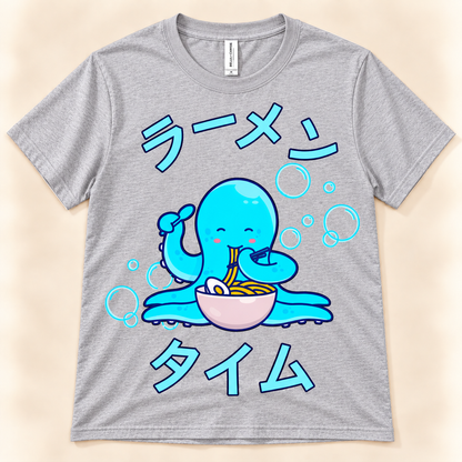 Athletic Heather soft tee with a kawaii blue octopus, ramen bowl and Japanese Ramen Time design.
